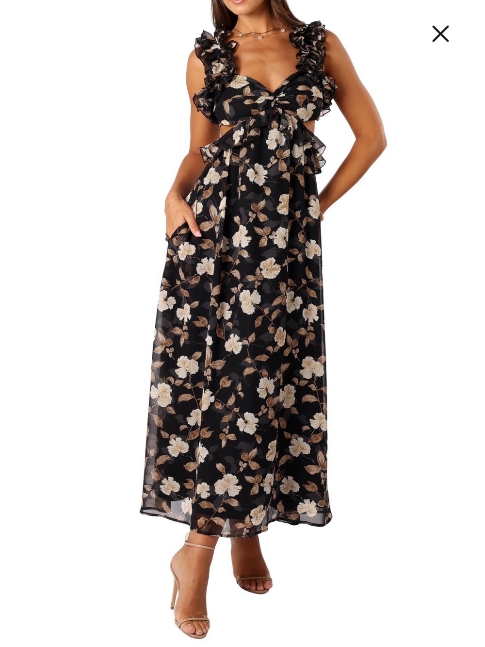 Petal+Pup Black Floral Ruffle Maxi Dress with Cream Blooms size Small